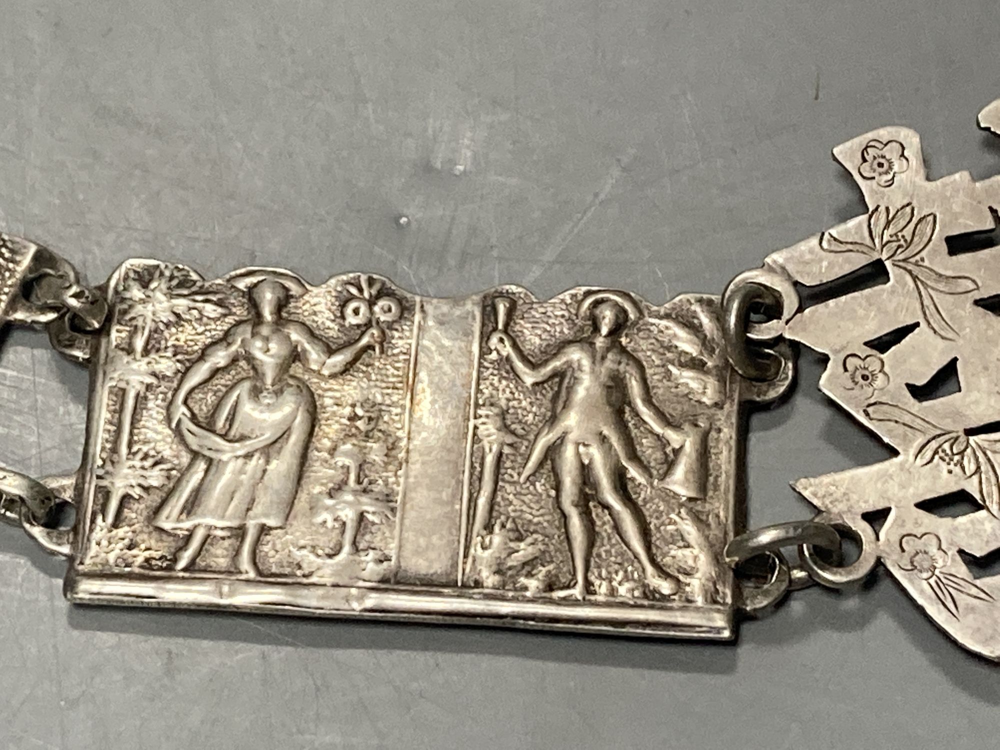 A late 19th century Chinese white metal wedding belt, by Cumwo, 83.5cm, 197 grams.